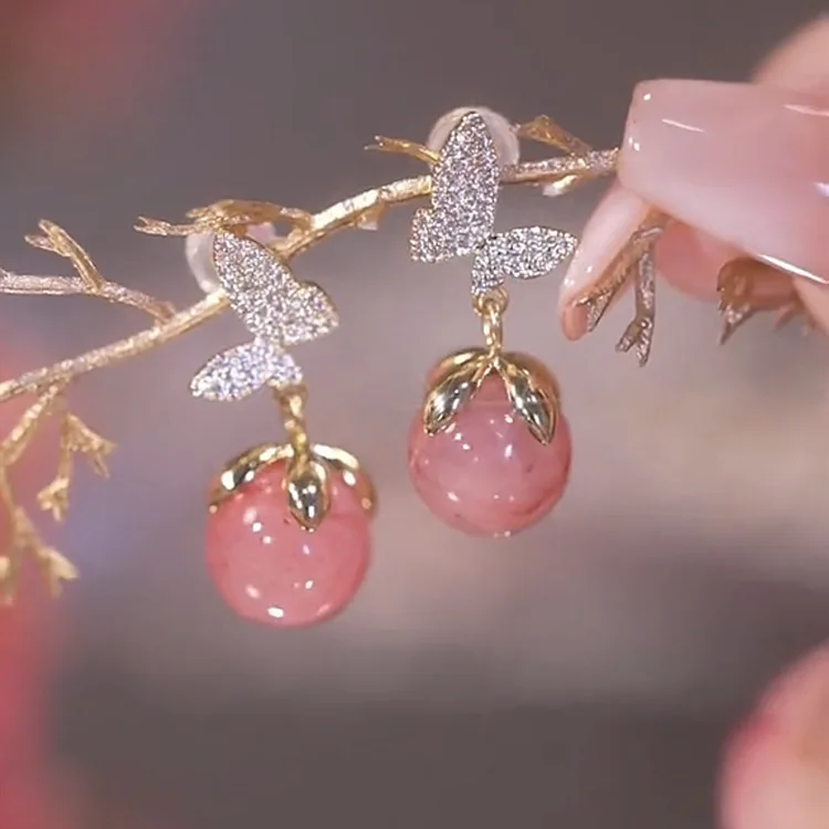 Beautiful Pink Opal Full of Diamonds Butterfly Drop Earrings New Korean Style Jewelry For Women