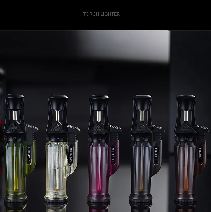Ready to ship wholesale jet flame torch lighters with lock transparent tank custom logo wind proof cigar lighter