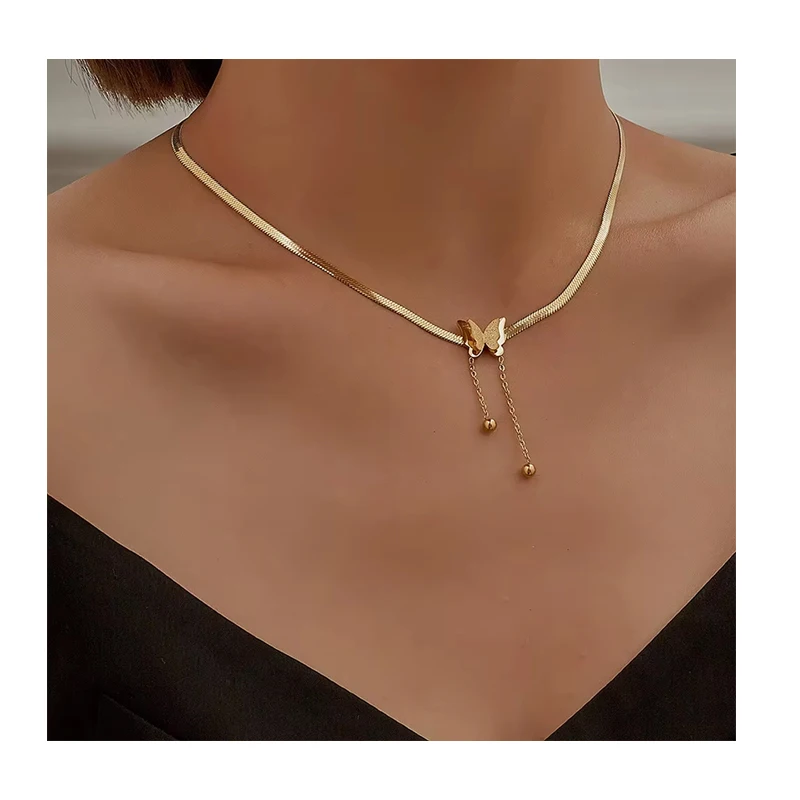 KISSWIFE Trendy Minimalist Tarnish Free 18k Gold Stainless Steel Snake Chain Butterfly Necklace for Women