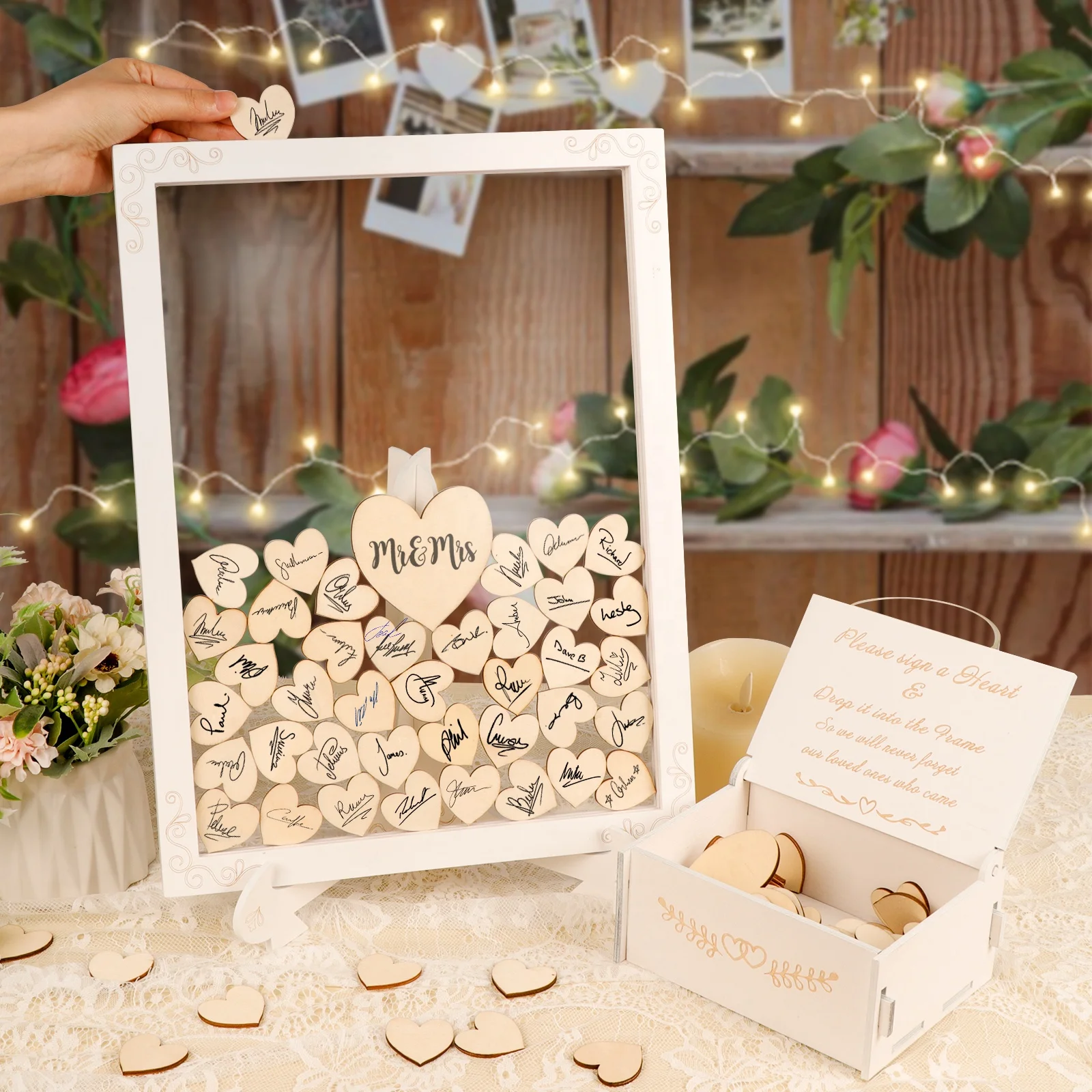Ourwarm White Wood Rustic Drop Top Box Heart Sign Alternative Wedding Guest Book Frame with Stand