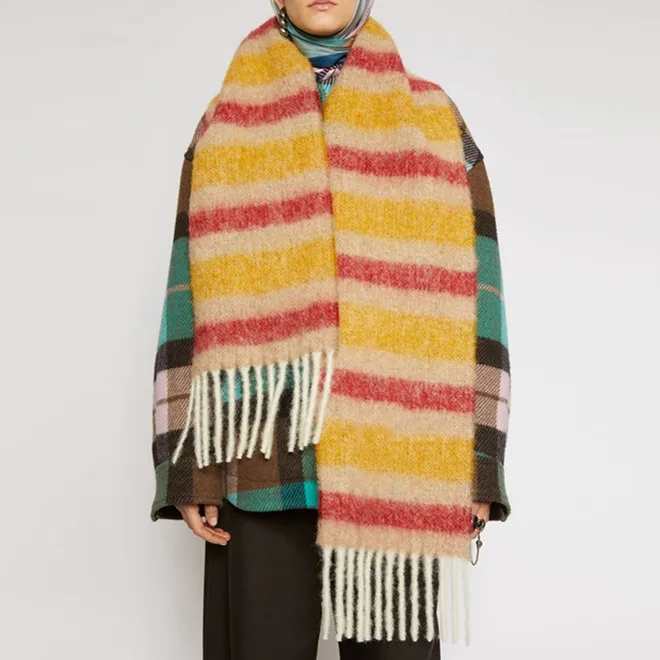 RTS/OEM Colorful Scarf Custom Logo Vintage Stripe Pattern 250 cm Woolen Thick Tassels Scarfs For Women Winter