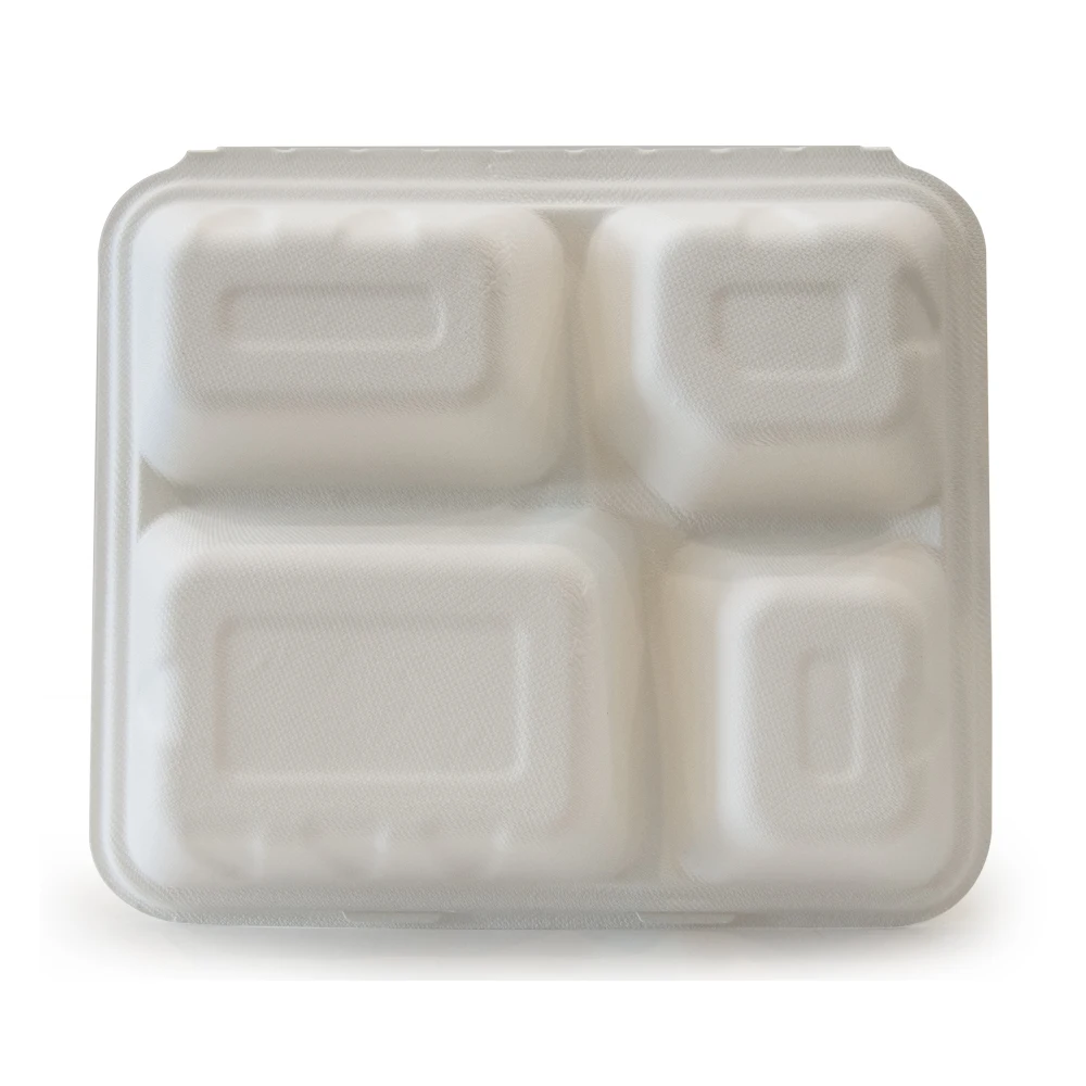 To Go Food Packaging Divided 4 Compartment Lunch Box Compostable Bento Clamshell Packaging Biodegradable Food Container