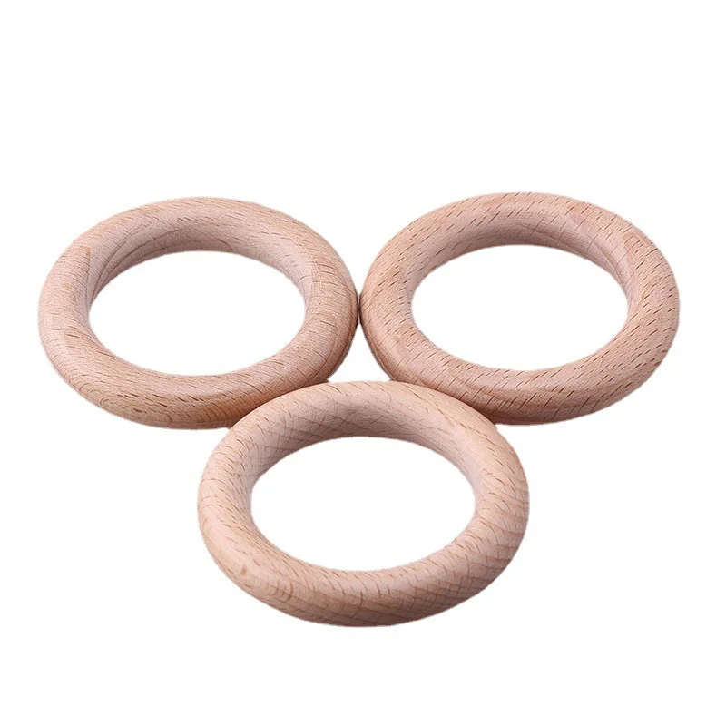 High Quality 25-80mm Customized LOGO Beech Wooden Organic Teething Rings Round Wood Baby Teether Toys