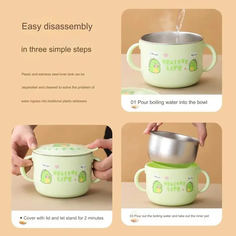 New Design  480ml/680ml Color Print Double Layer Unbreakable Stainless Steel Bowl Cartoon Eco-Friendly Metal Bowl Set