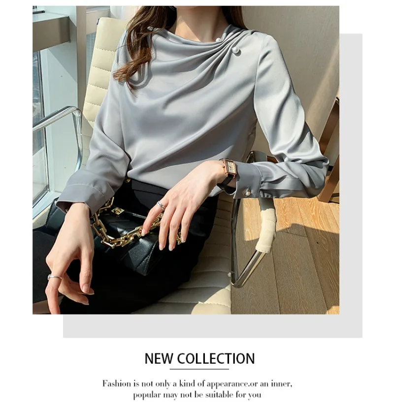 Summer Autumn Korean Design Retro Hong Kong Style Solid Long Sleeve Blouse Shirts with Beading 8360#