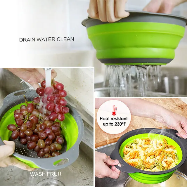 Fruit Vegetable Collapsible Kitchen Drain Basket For Straining Water Plastic Round Folding Washing Basket