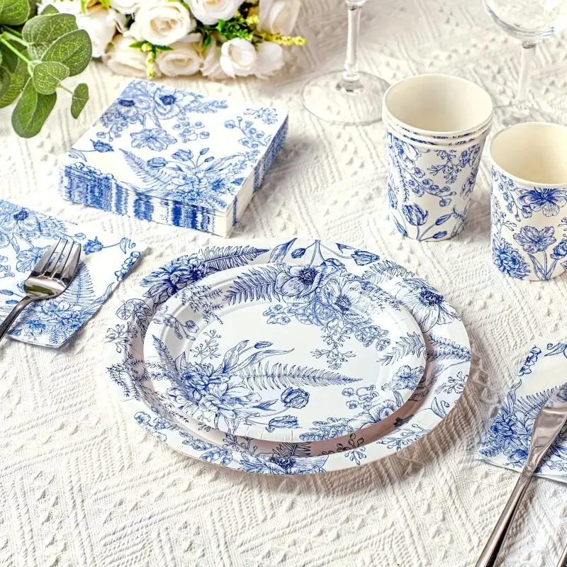 Elegant Disposable Cutlery Set Bridal Party Decorations Vintage Disposable Floral Flowers Paper Plates And Napkins Set