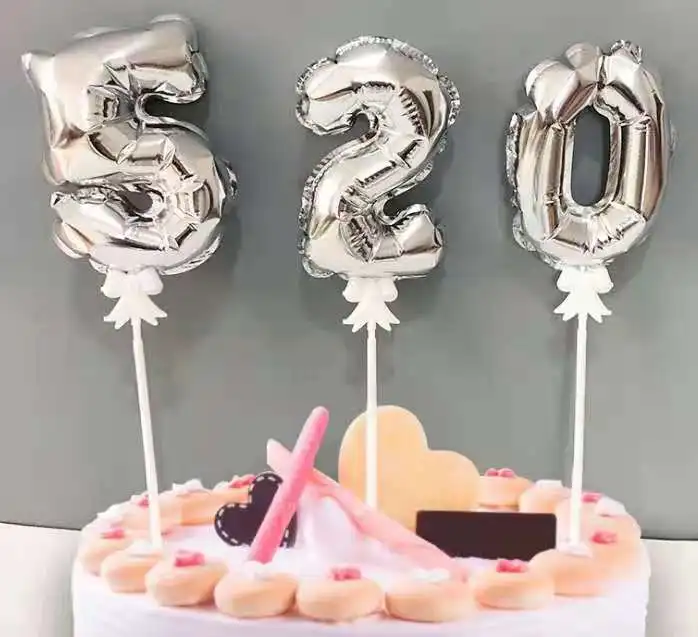 Hot Selling 5inch Self-inflatable Gold Silver Number 0-9  Foil Balloon Cake Stick Decoration Birthday Cake Topper Balloon Stick