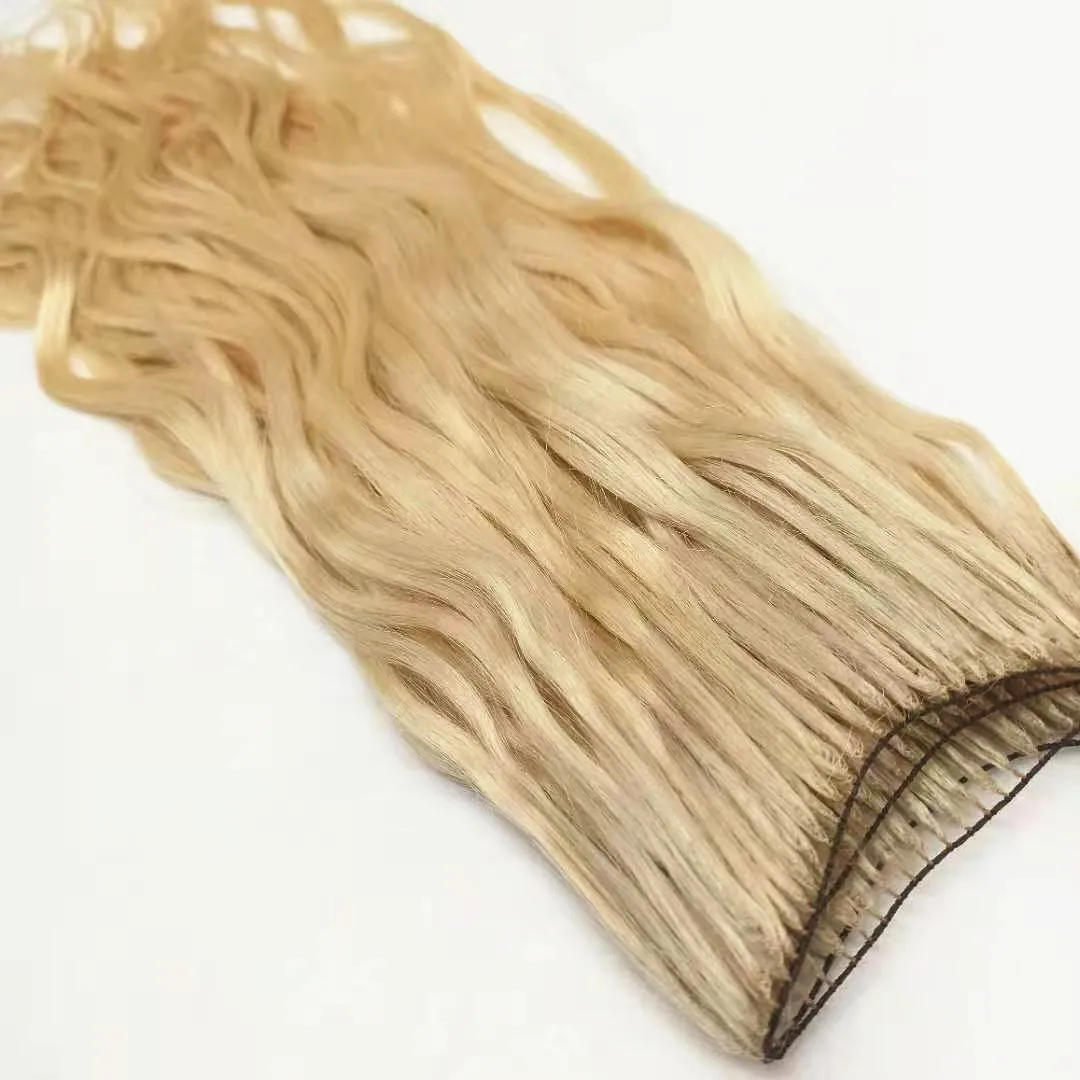 Wholesale high quality 100% Russian virgin cuticle aligned remy blonde human hair double drawn   feather weft human hair