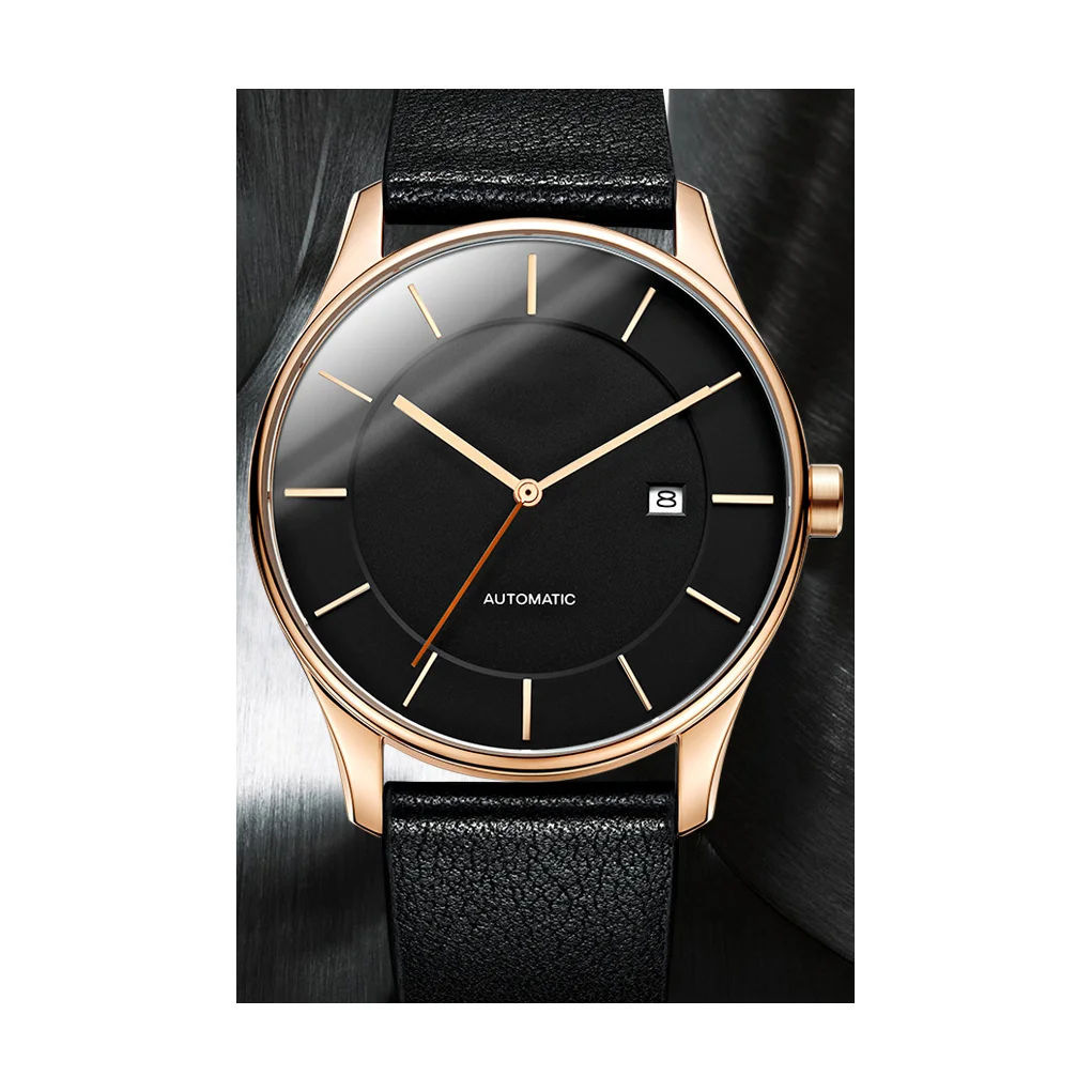 Мужские механические часы Miyota с календарем и ремешком из коровьей кожи