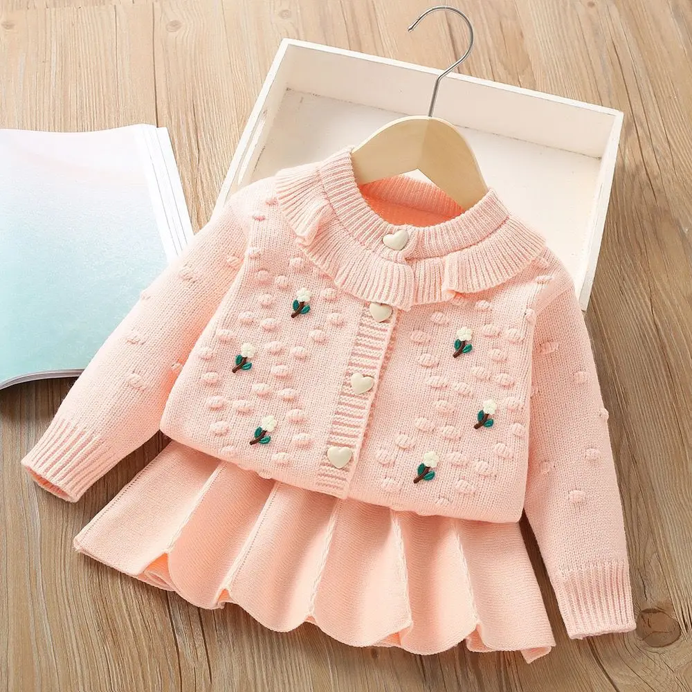 Toddler Girl Knitted Skirt Thick Needle Woolen Boutique Embroidery Two Piece Sweater Set Skirt