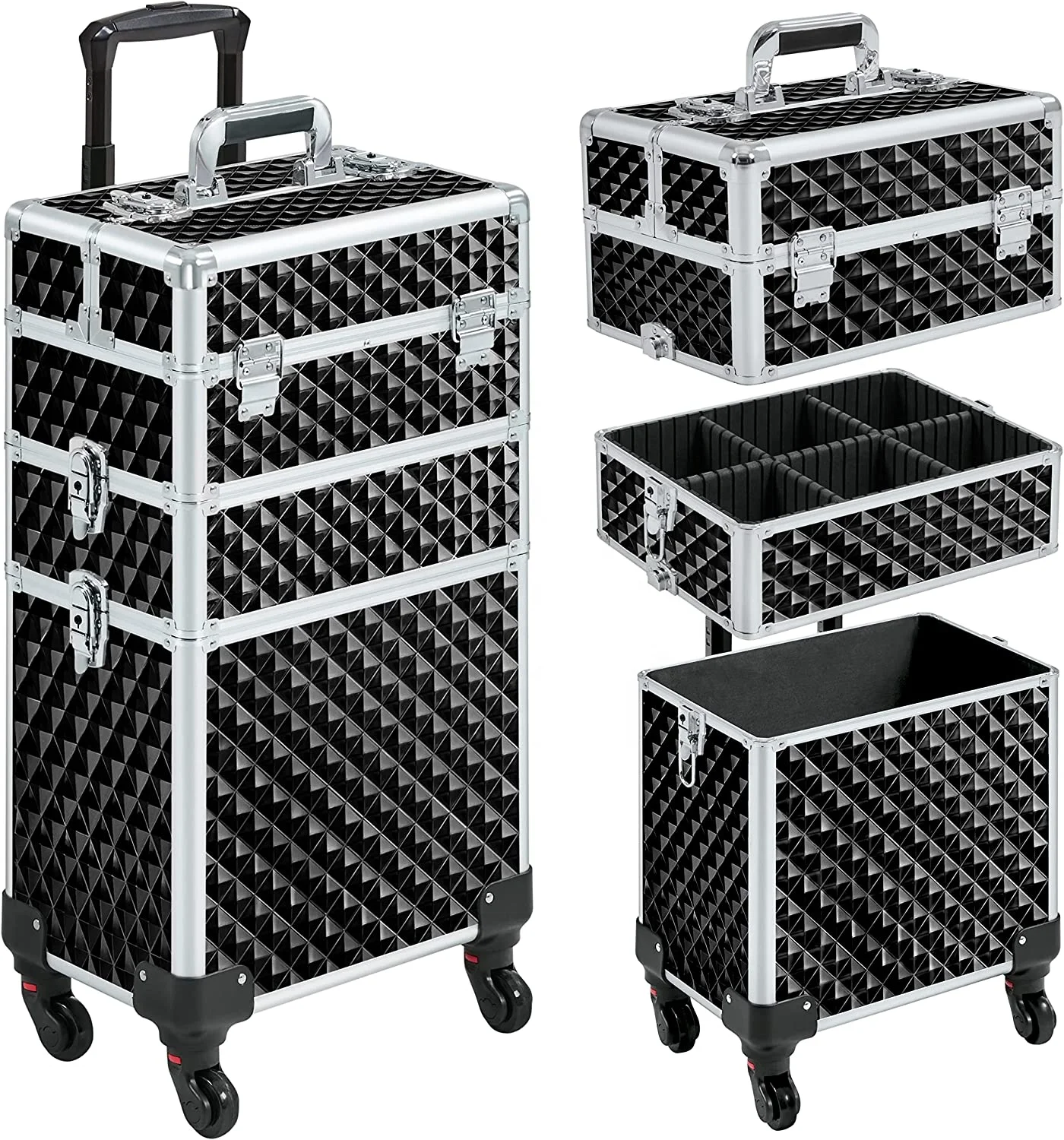 Rolling Makeup Train Case 3 in 1 Cosmetic Case Professional Makeup Suitcase Large Aluminum Cosmetic Trolley with Swivel Wheels