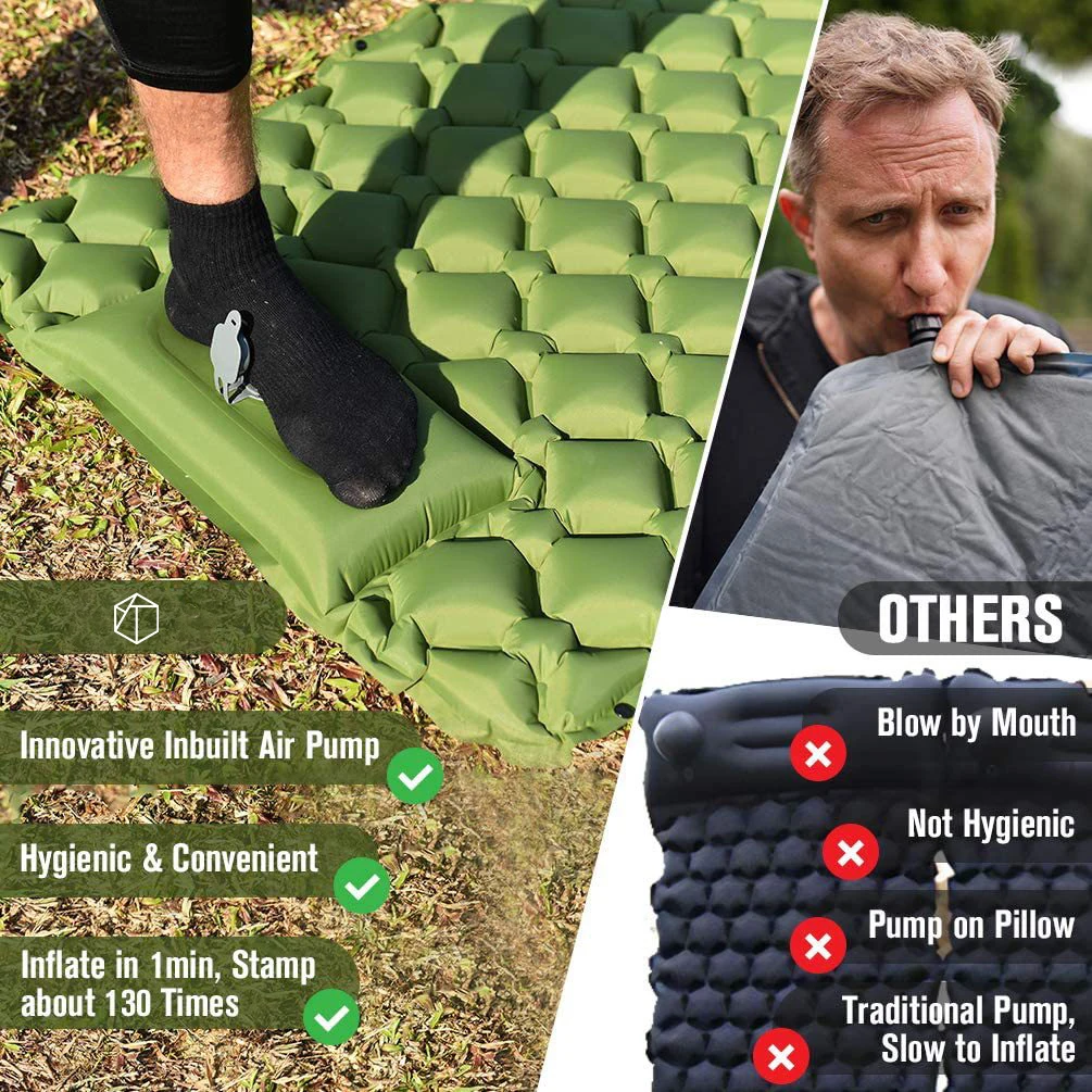 Sleeping Pad Camping Inflatable Foot Press Ultralight Extra Thick Camping Folding Sleeping Mat with Built-In Pump