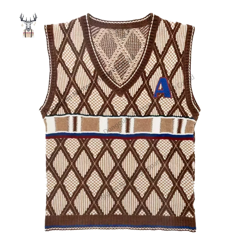 Nanteng Custom Logo High Quality Viscose And Cotton Knit Diamond Print Letter Patchwork Motif V Neck Men Pullover Vest Sweater
