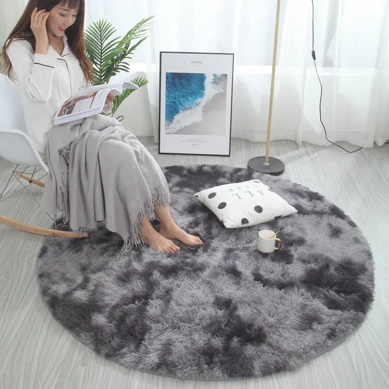 Grey Fluffy Tie Dyeing Faux Fur Rugs Round Rug Carpet Living Room Decor Computer Chair  Shaggy Area Rug Modern Mats