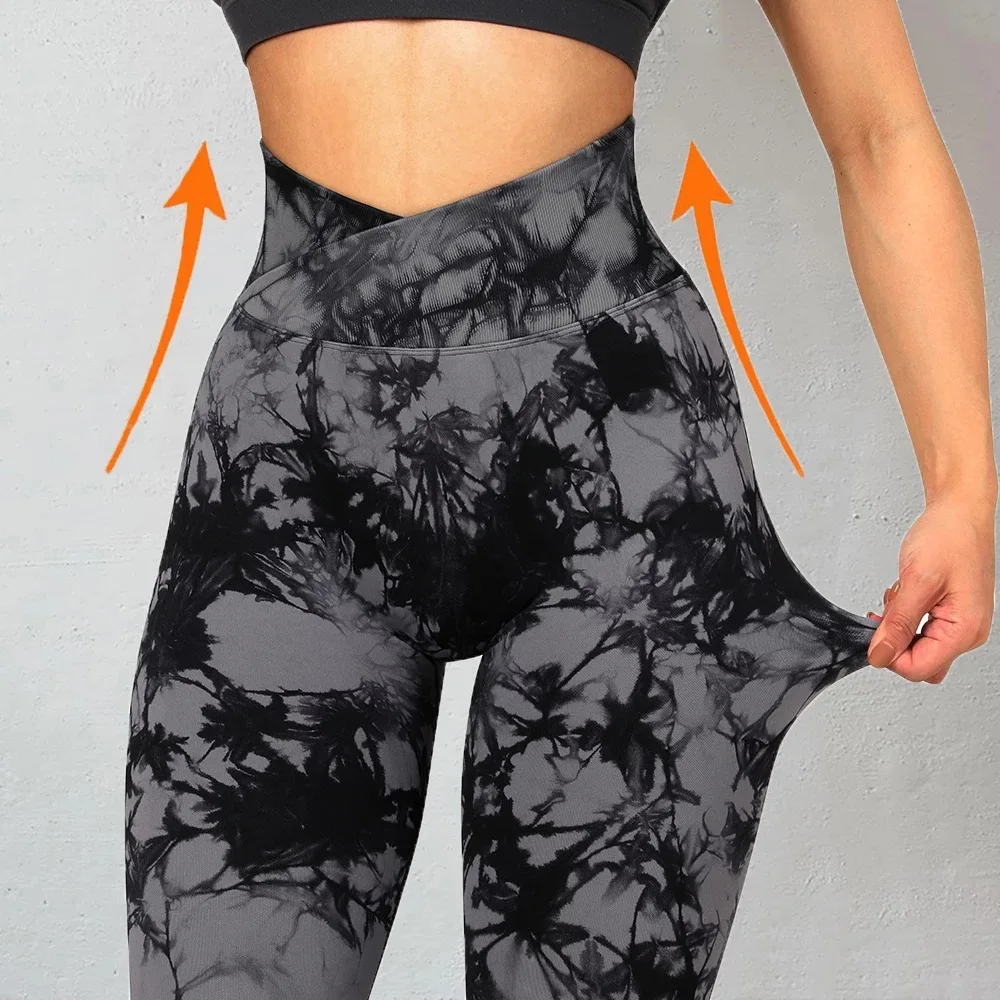 Push Up Sportswear Fitness Tights Workout Seamless Marble Tie Dye Crossover Waist Leggings High Waisted Butt Lifting Yoga Pants