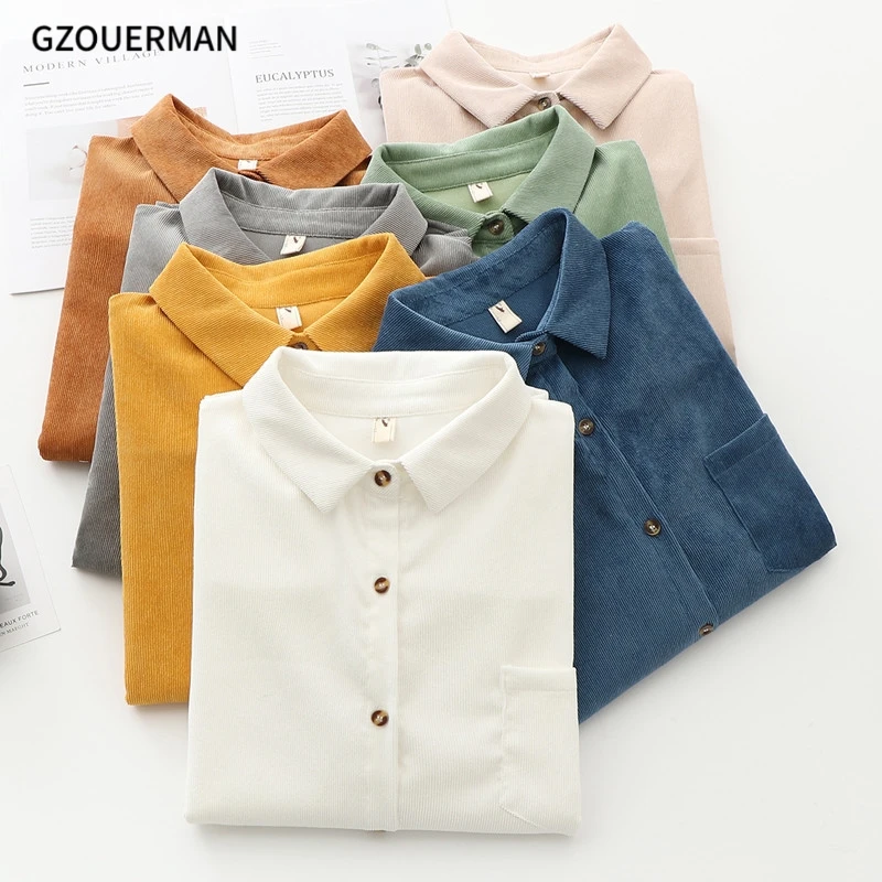 2021 New Fashion Women Corduroy Shirts Tops Blouses Long Sleeve Spring Ladies Solid Color Loose Boyfriend Style Shirt