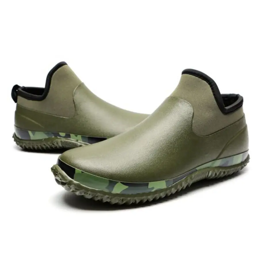 2024 high quality waterproof green rain shoes car washing fishing water shoes students camouflage flat men short rain boots