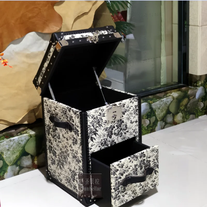 retro style storage coffee table sofa corner table living room decorative cabinet classic antique leather trunk Box with drawer