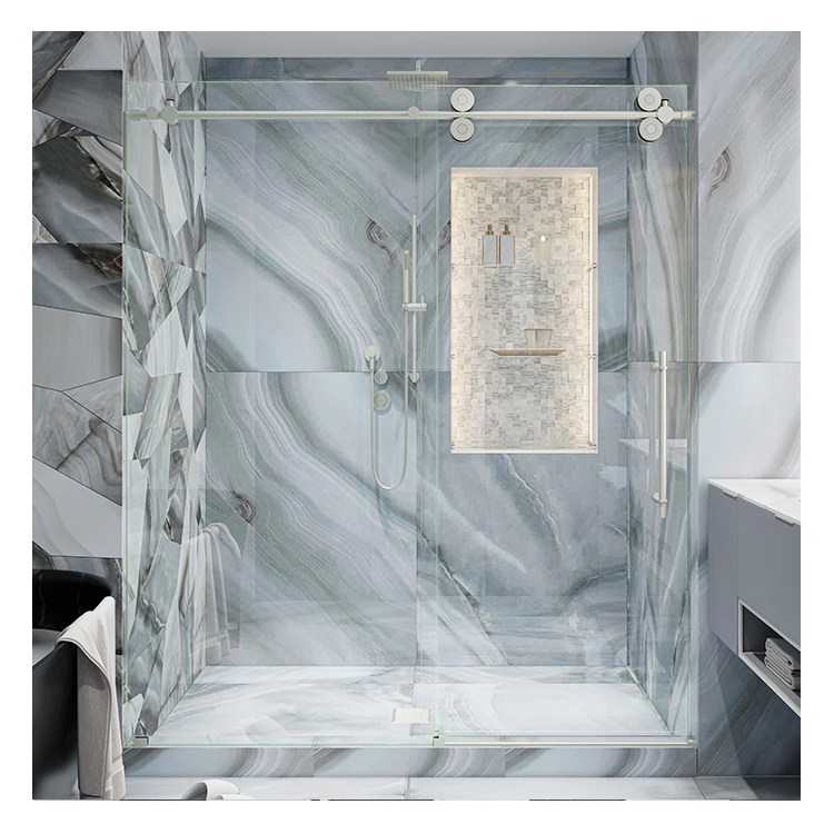 Luxury frameless #304 stainless steel handle clear glass single sliding bath shower door