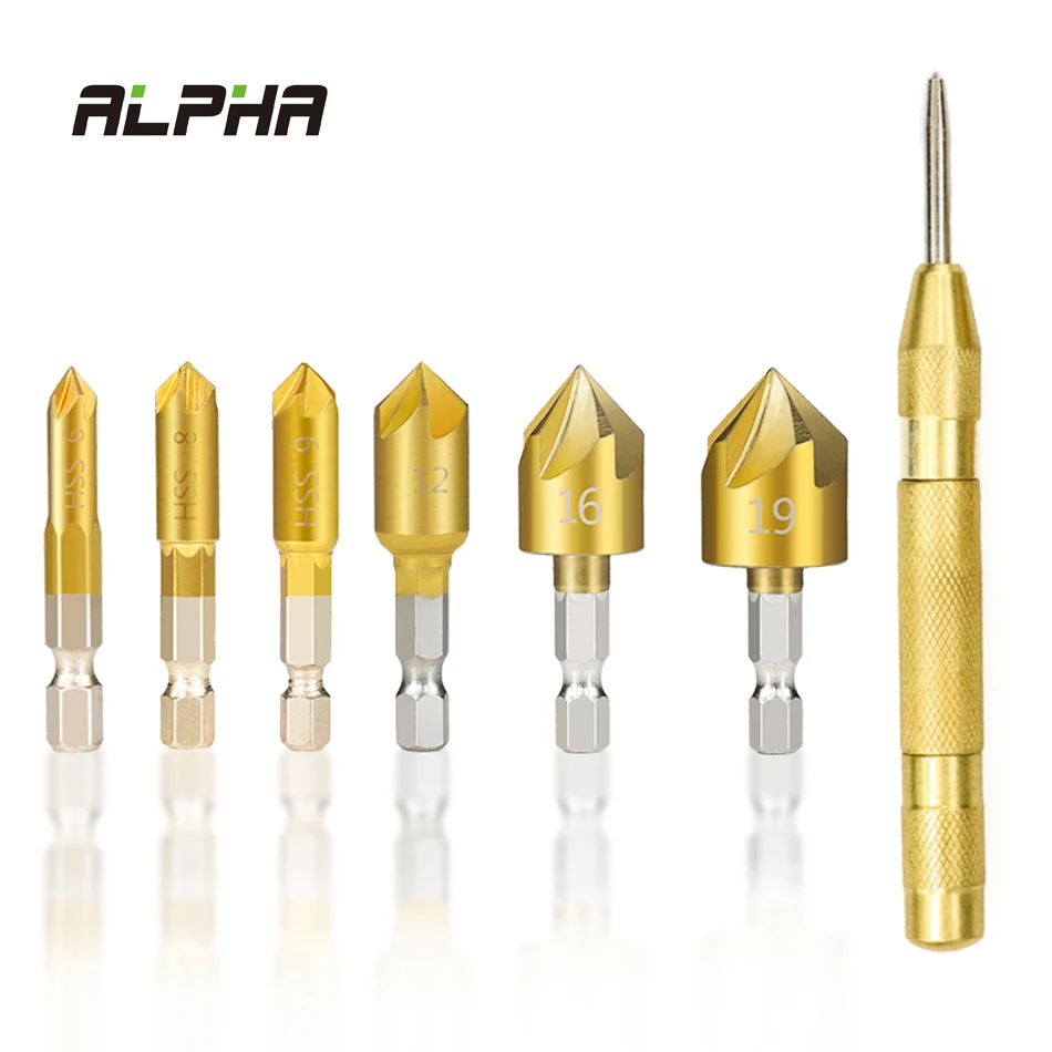 ALPHA 6pcs 6/8/9/12/16/19mm Hss Countersink Boring Drill Bit Set 5 Flute Hole Drill 90 Degrees Wood Chamfering Cutter
