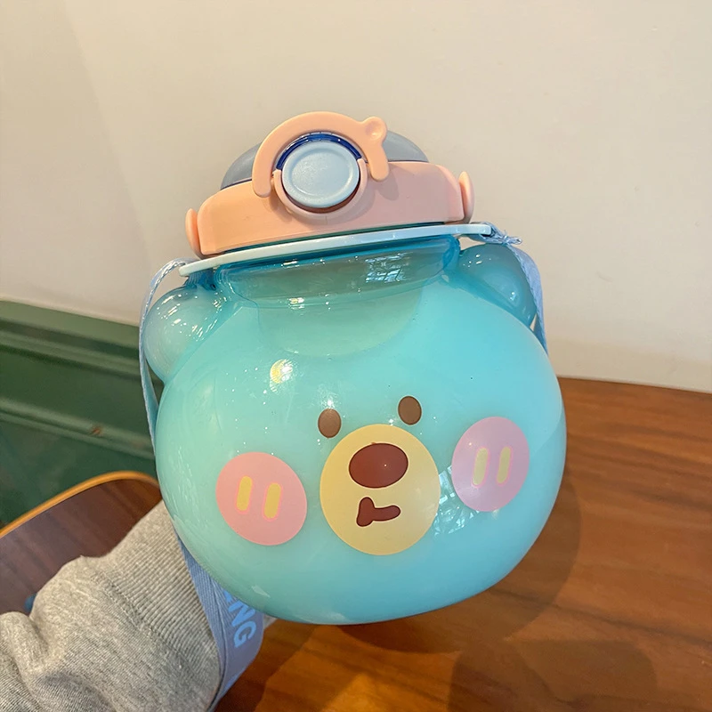 High Quality Cartoon Cute Animal Shaped Kids Plastic Water Bottle With Strap Straw