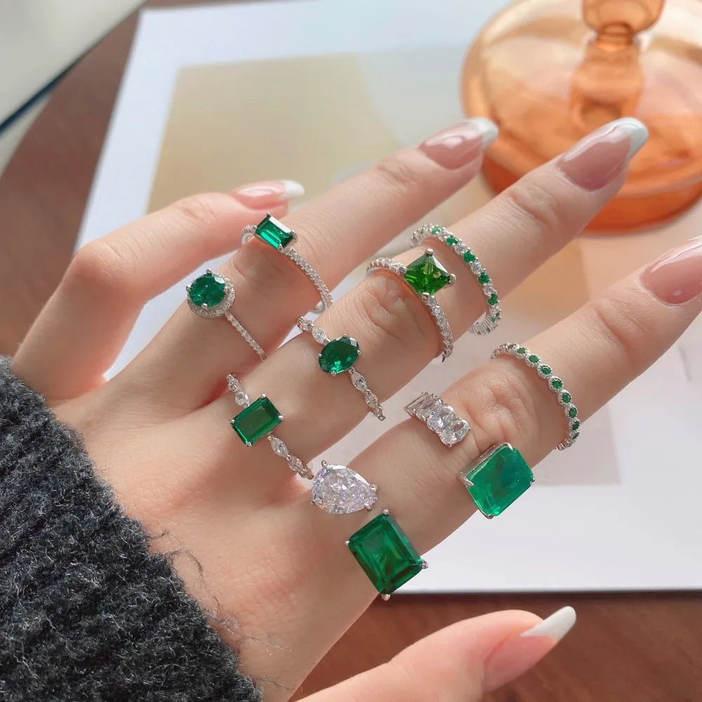 Factory Jewelry Retro Emerald Square Full Diamond Zircon Ring Sterling Silver 925 Jewellery For Valentine Day