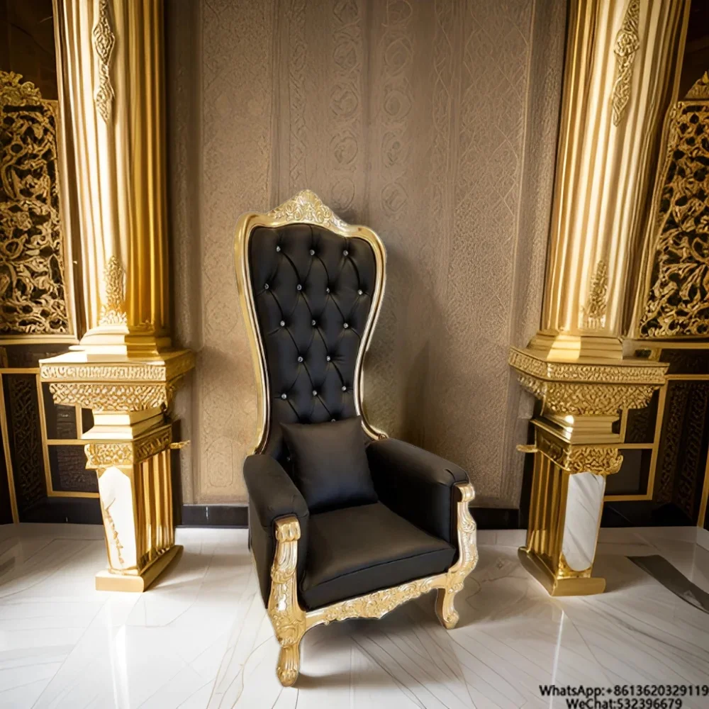 Antique King Throne Chair Solid Gold Wood Carved Mahogany High Back Classic Design for Hotel Furniture Wedding Banquets Dining