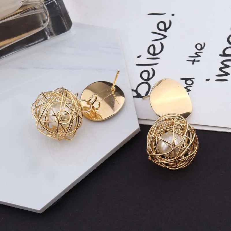 Fashion Retro Geometric Simple Woven Ball Pearl Stud Earrings Metal Women Jewelry Wholesale
