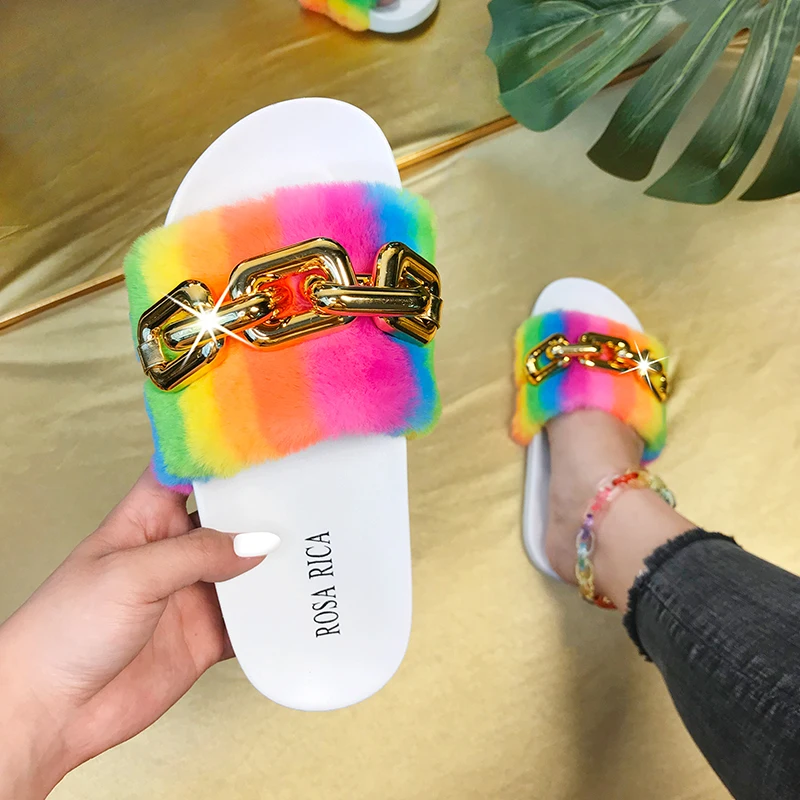  Hot Sale Soft Sandals Designer Fluffy Outdoor EVA Metal Chain Fur Slides Winter Women