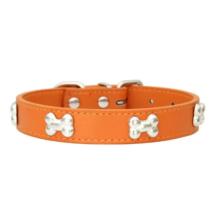 Dog products 15 colors studded bone dog leather collar for wholesale Adjustable pet collars