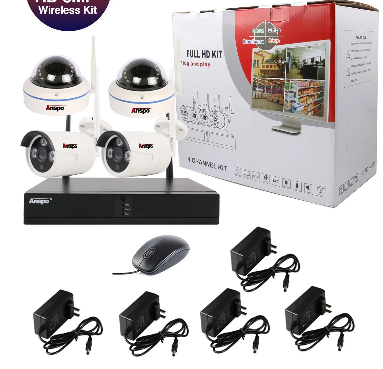 Anspo wifi 5MP FULL HD 4CH CCTV Camera Wireless kit Outdoor Indoor Waterproof Wifi NVR Kit Network IP CCTV Camera System set