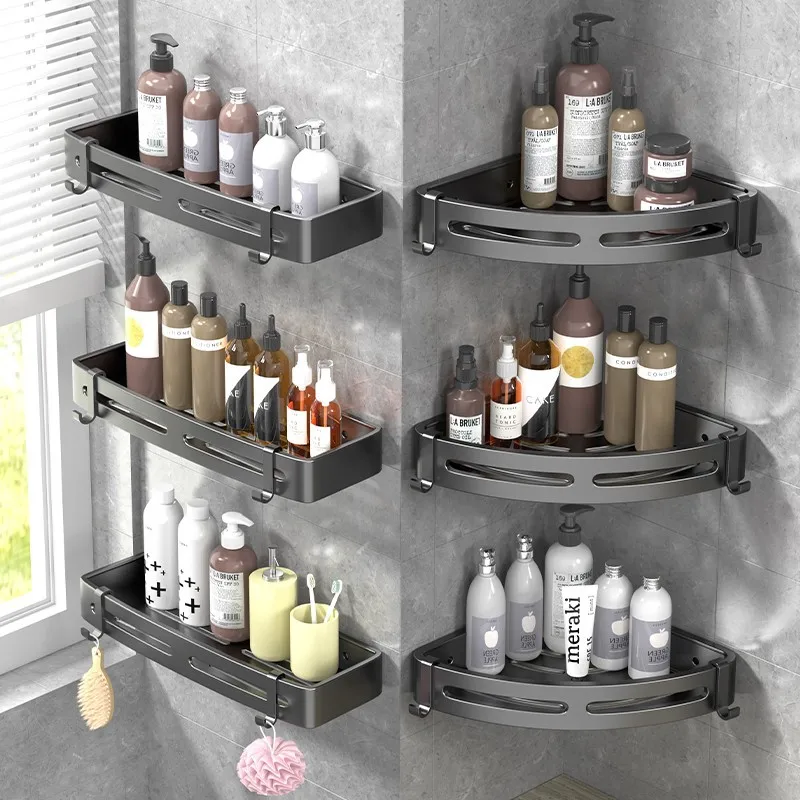 Bathroom Double Shelves Wall Mounted Self Adhesive Kitchen Corner Racks Shower Caddy Corner Storage Shelf