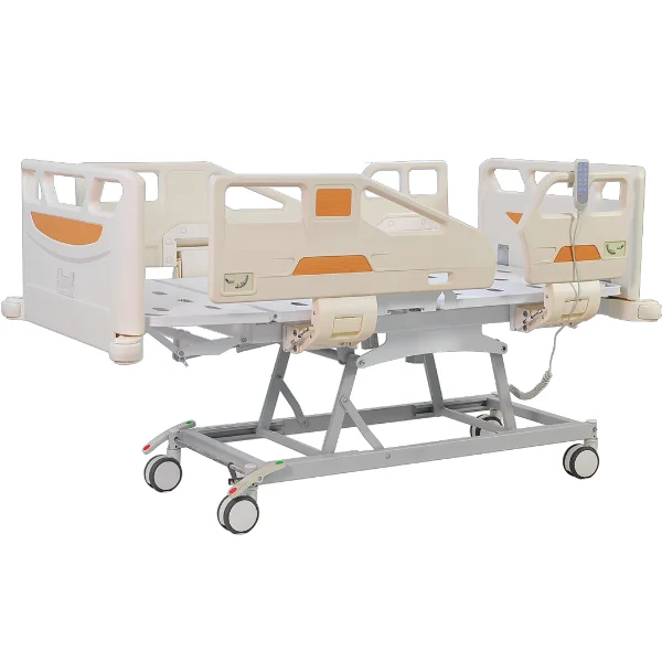 Electric 6 function adjustable hospital bed high quality ABS side rail ICU medical bed central control lock casters