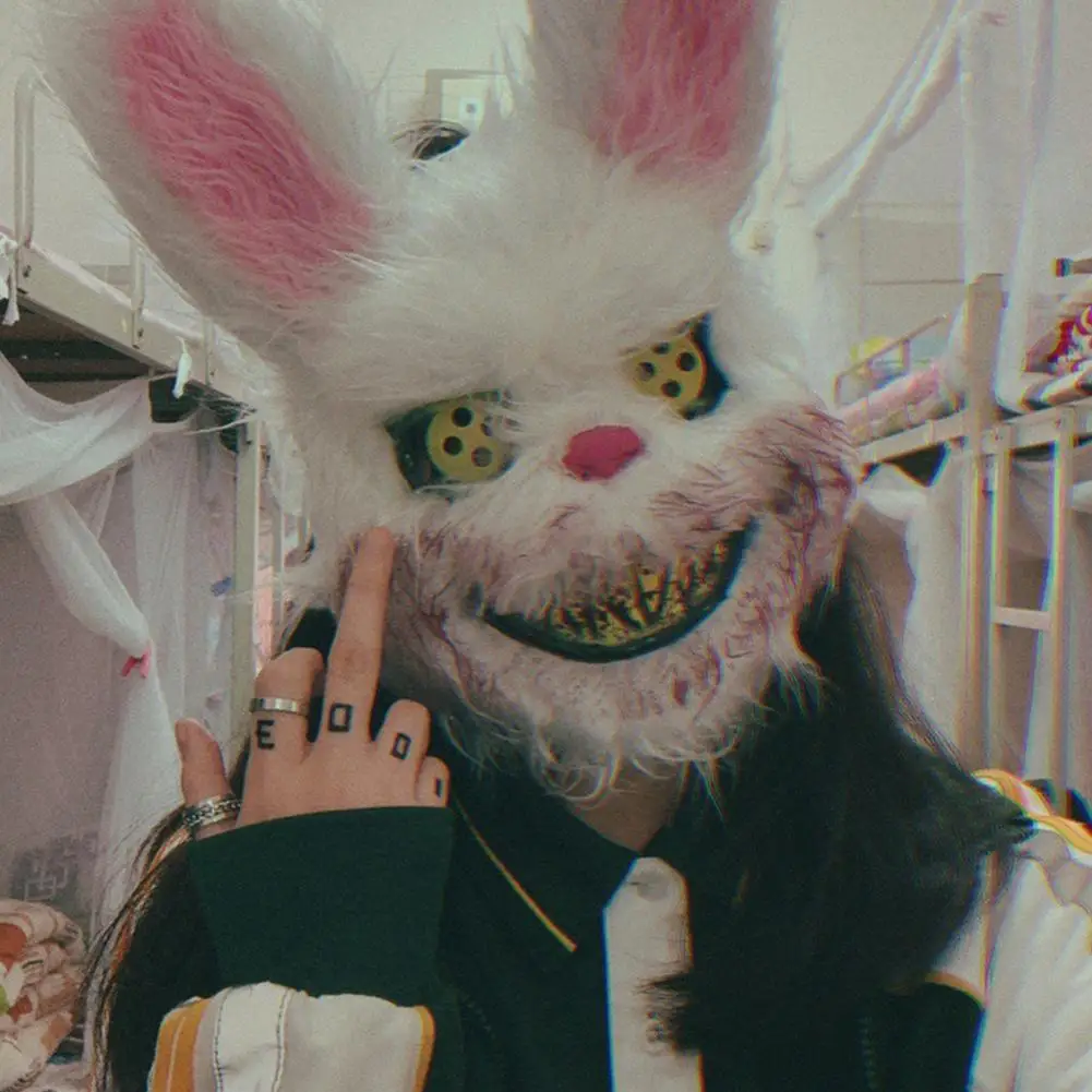 Halloween Bloody Bunny Mask Bloody Plush Creepy Rabbit Animal Head Mask for Cosplay Masquerade Party Supplies