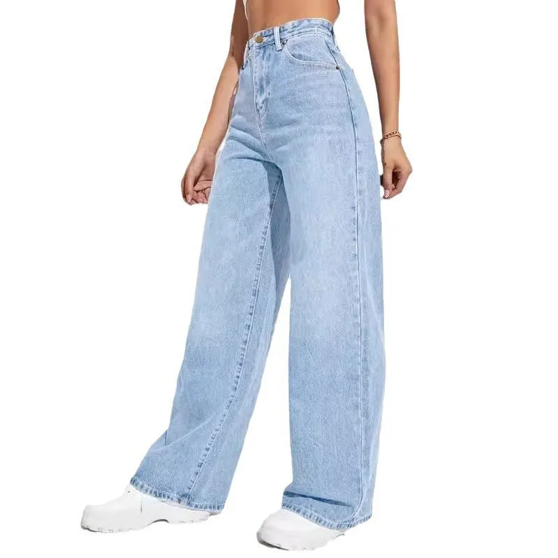 Customized popular European and American New Design Casual Fashion High Waist Single Button Wide Denim Pants For Women