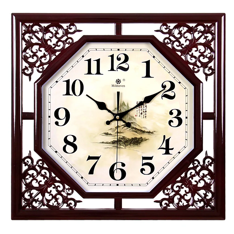 Chinese Retro Style Wall Clock for Living Room Creative New Square Quartz Design Home Electronic Needle Display Plastic Material