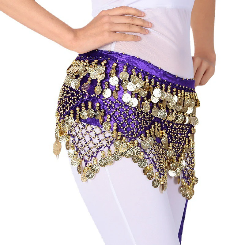 HZM-60774 Belly Dance Hip Scarf, Sweet Belly Dance Skirt Wrap Performance Bling Sequins Coins, Belly Dance Costume for Women