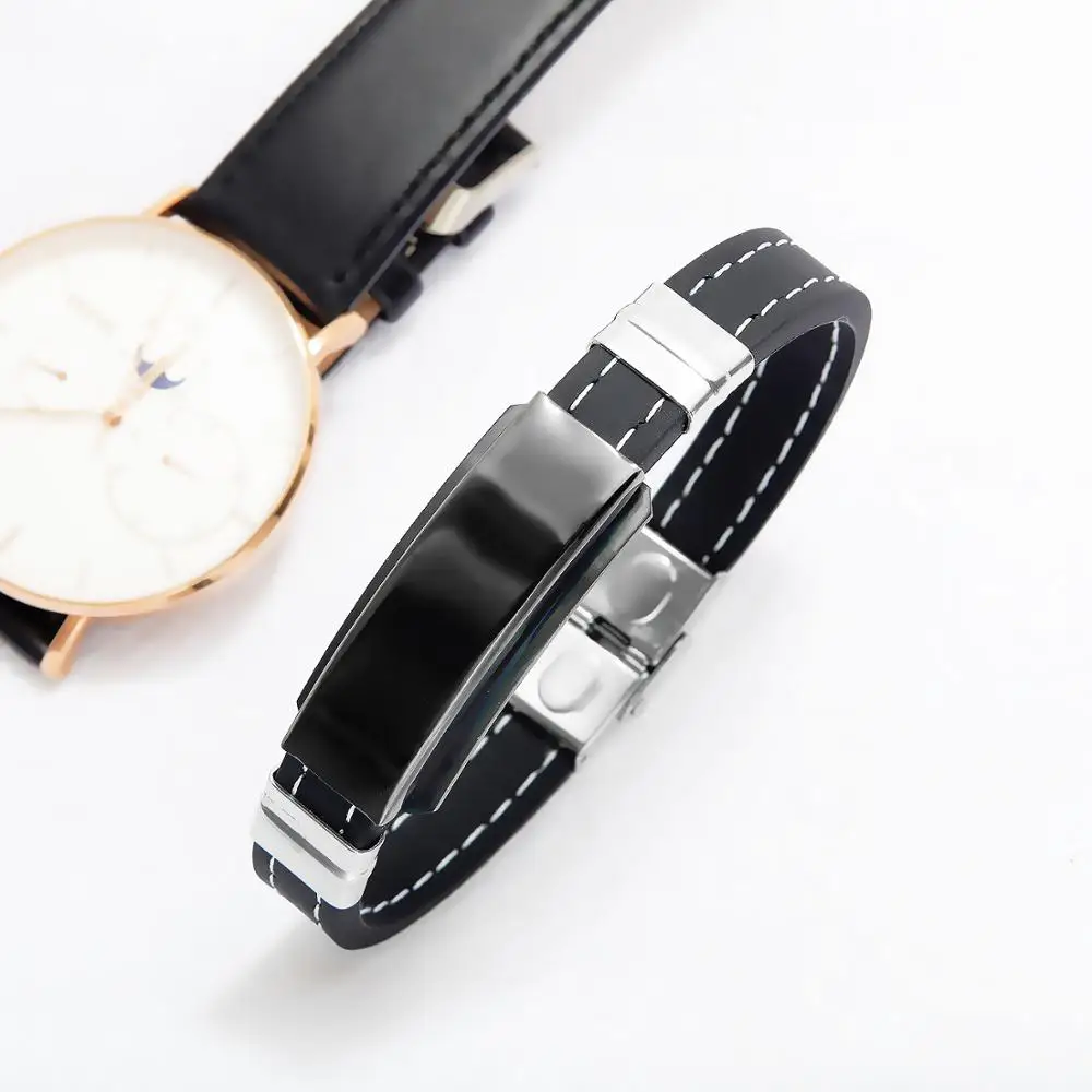 Custom Engraved Logo Mosquito Silicone Bracelet Jewellery European Hotsale Stitching Rubber Bangle Men Stainless Steel Clasp