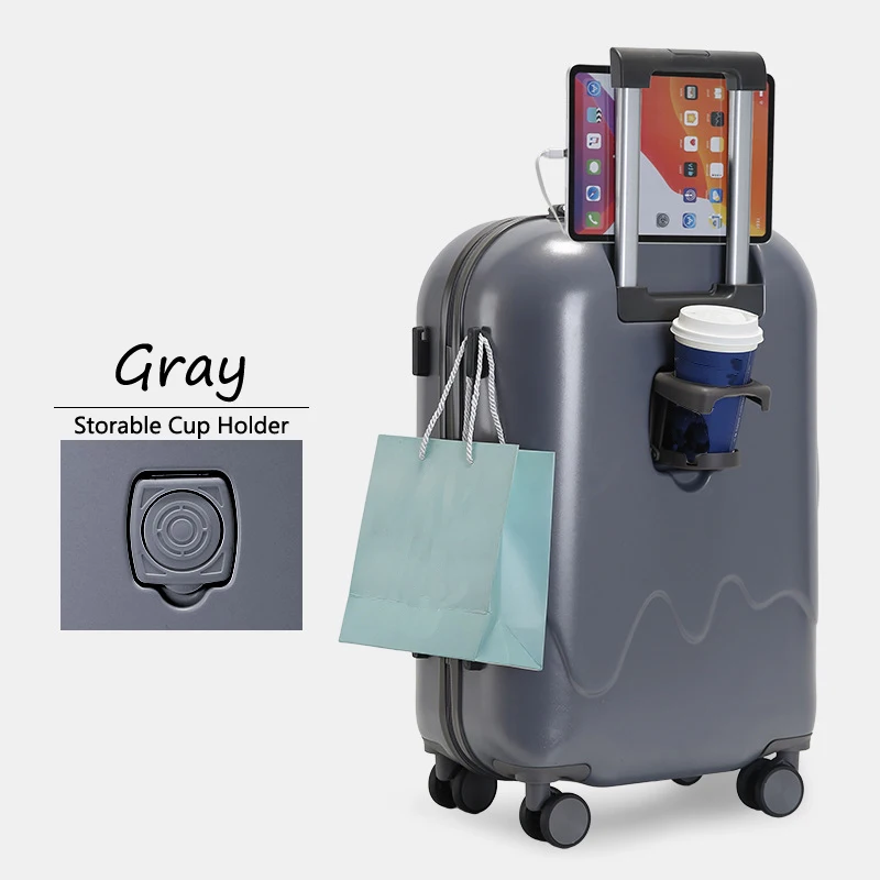 Wheels Macaroon Color Trolley Bag With Hide Cup Holder Design Rubber Fashion Luggage Travel Suitcase