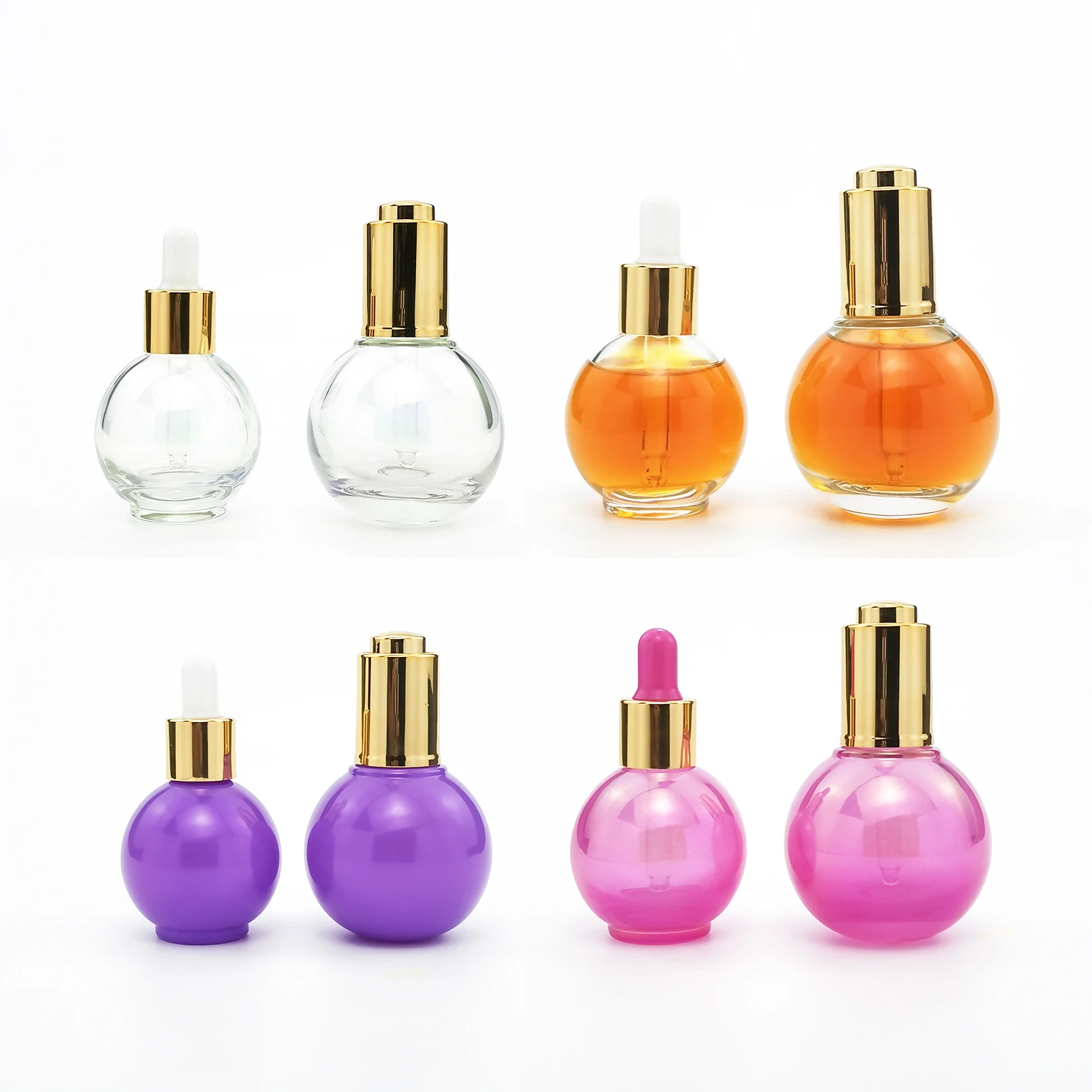 Custom clear holographic purple pink glass serum bottle 15 30 ml skin care oil dropper bottles with push button pipette