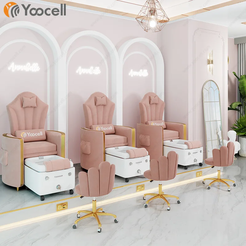 Роскошный кожаный стул Yoocell розового цвета с золотой оправой и платформой для педикюра, акриловая ванна для ног с колесами, стул для педикюра и спа