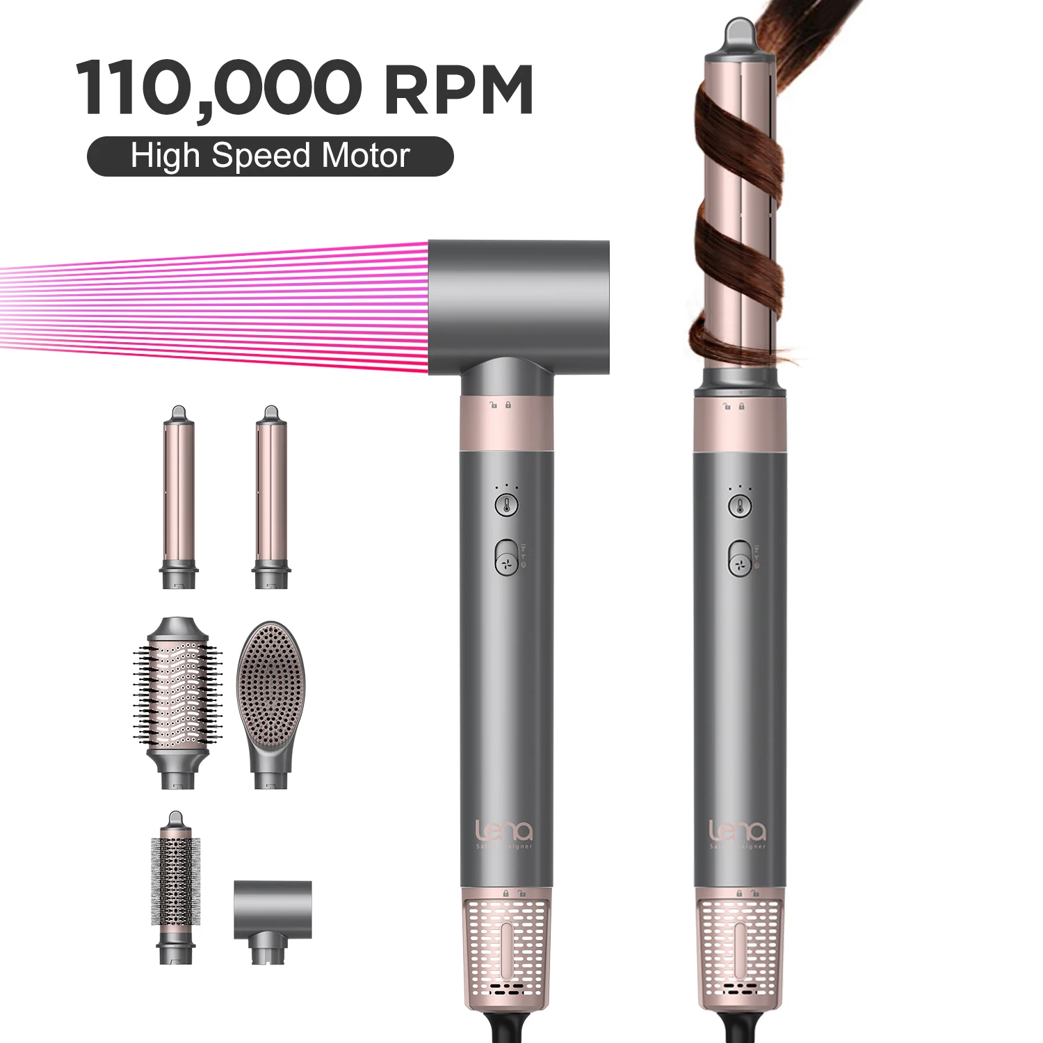 Lena 6 in 1 Auto Wrap Curler Styler Ionic Volumizer Blow Dryer Comb BLDC High Speed One Step Hair Dryer and Hot Air Brush