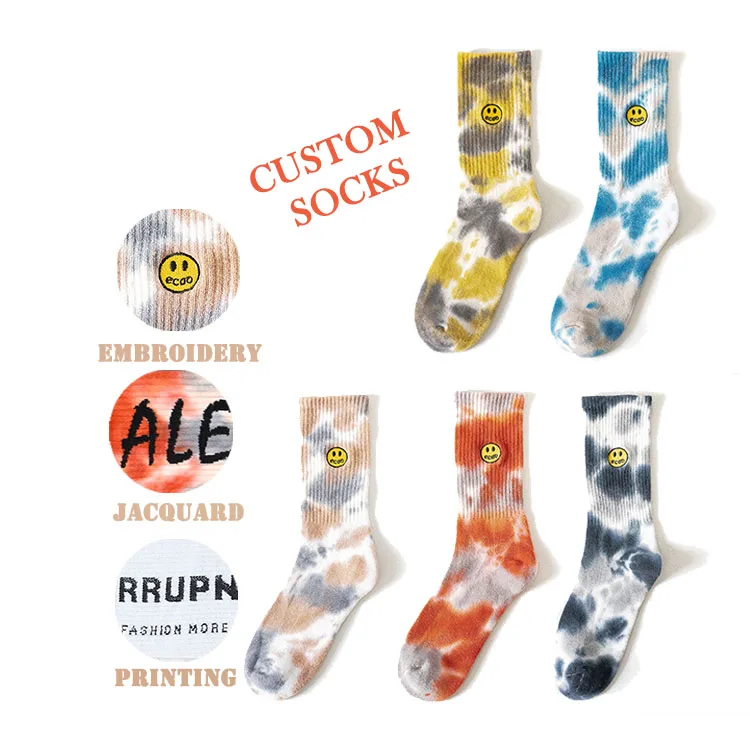 Good quality OEM personalized designer custom fashion street wear hip hop men embroidered jacquard customize tie dye socks logo