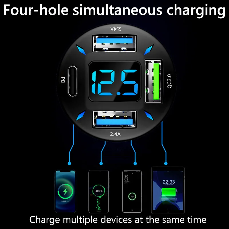 66W 4 Ports USB PD Quick Car Charger QC 3.0 Type C Cigarette Lighter 12V USB C Car Charger for Mobile Phone