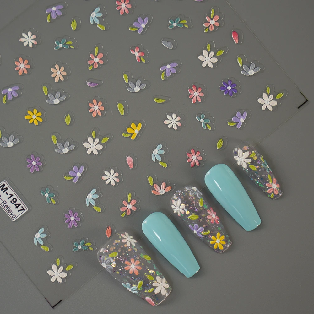 Factory sales 5D/3D Embossed Nail Stickers Customization Coloured Daisy Flowers Rainbow Leaves Adhesive Blossom Nail Decal