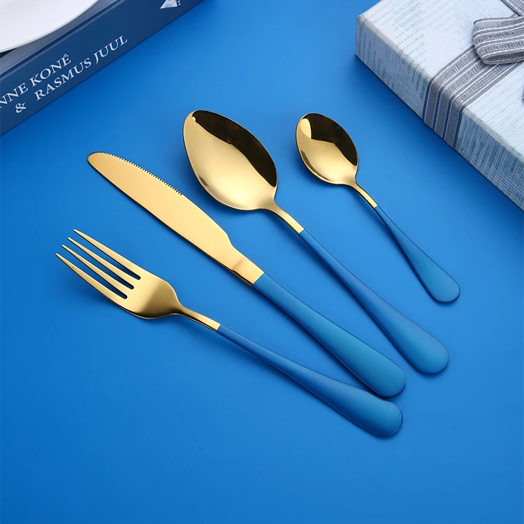 Custom Wholesale Stainless Steel Cutlery Set Blue Gold Flatware