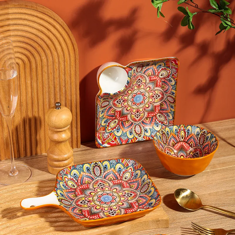 Popular Bohemia style dining dishes plates feeding bowl dinnerware sets retro ceramic dinner table set for home and kitchen