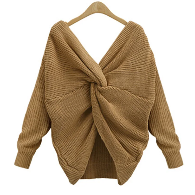 Spring and autumn sexy V neck dew back knit unlined upper garment cross on the back of loose versatile long sleeve sweater