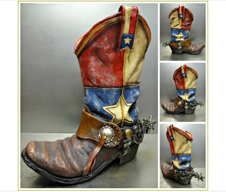 Polyresin/Resin Vase Western Rustic Cowboy Boot & Spur Vase Decoration Hand Painted  Flag Large